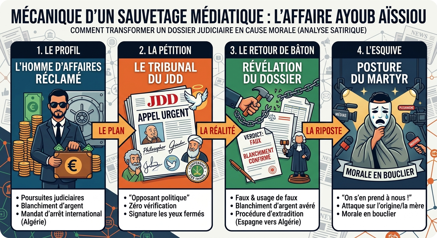 Affaire Aïssiou : Quand la défense d’un fugitif financier tourne au numéro de victimisation généralisée